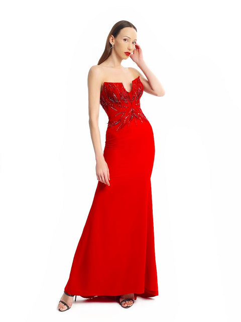 Long red dress with an attractive corset by Stoyan RADICHEV