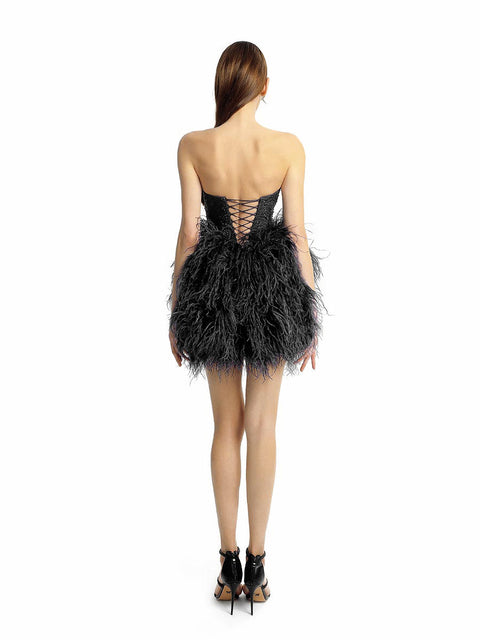 Къса черна рокля с щраусови пера