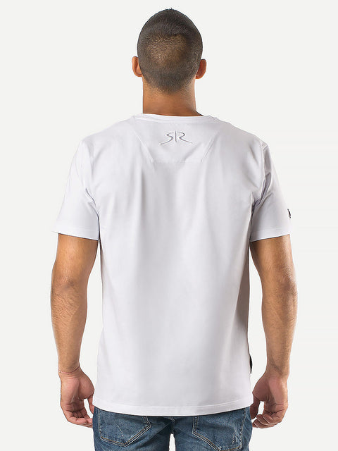 White t-shirt with embroidered SR logo