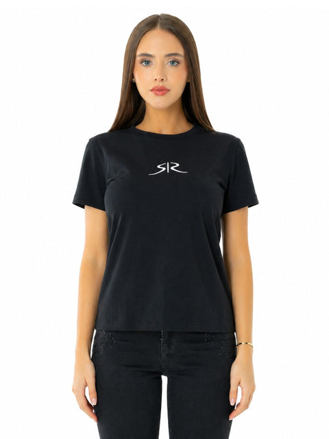 Black women's T-shirt with contrasting embroidered logo