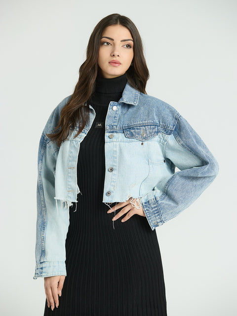 Cropped denim jacket with oversized silhouette