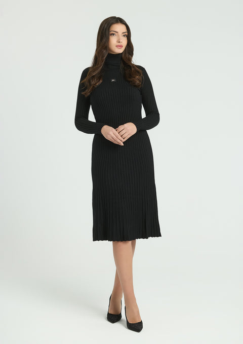 Dress with elastic knit and polo collar in black