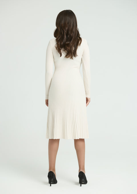 Dress with elastic knit and polo collar in creamy white