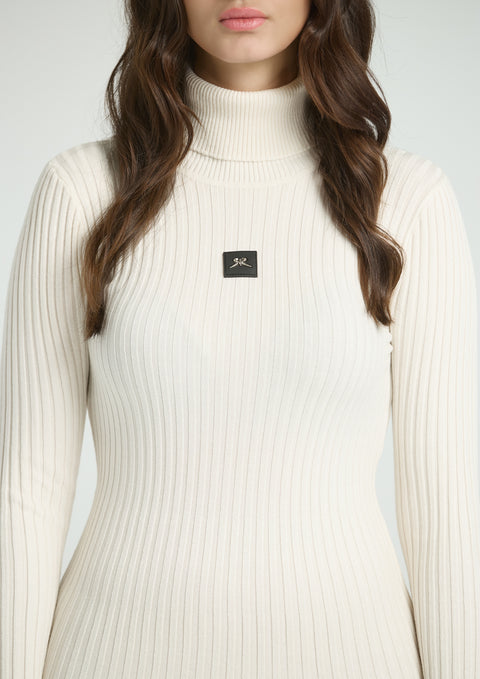 Dress with elastic knit and polo collar in creamy white