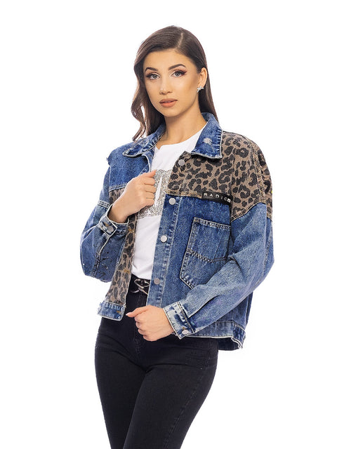 Women's denim jacket with leopard print