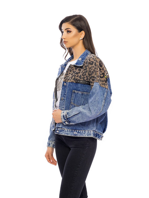 Women's denim jacket with leopard print