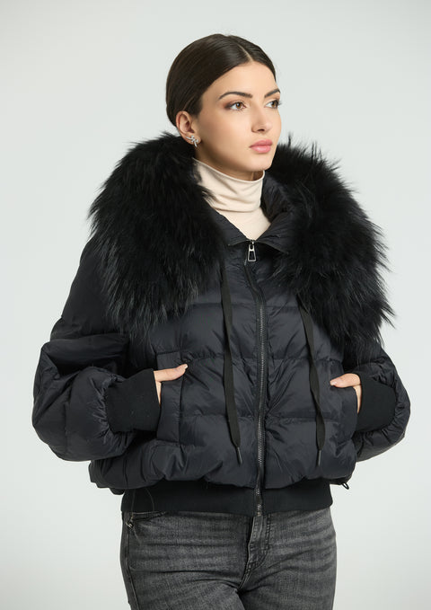 Black women's jacket with goose down and natural collar