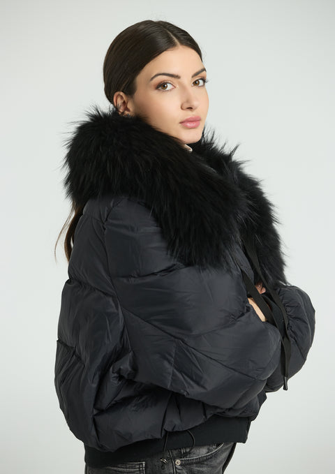 Black women's jacket with goose down and natural collar