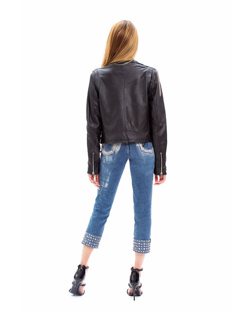 Genuine leather jacket with removable epaulettes