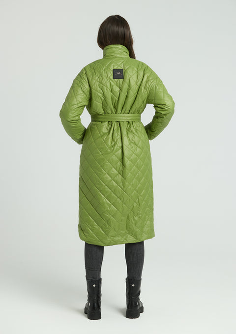 Women's long quilted jacket with belt in bright green