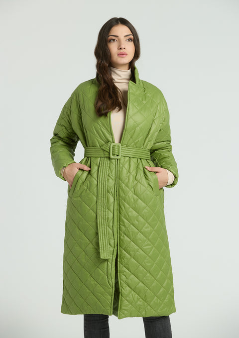 Women's long quilted jacket with belt in bright green