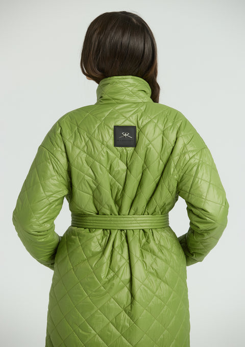 Women's long quilted jacket with belt in bright green