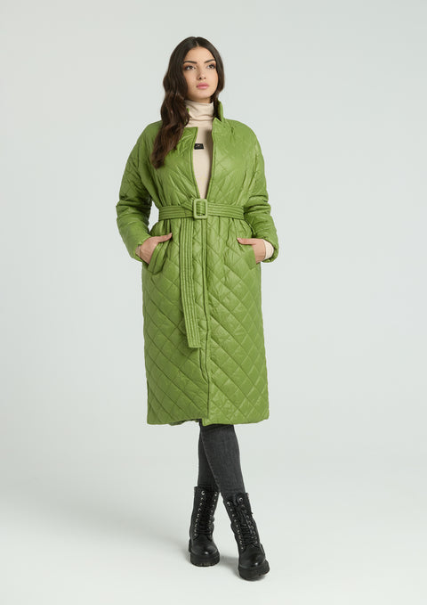 Women's long quilted jacket with belt in bright green