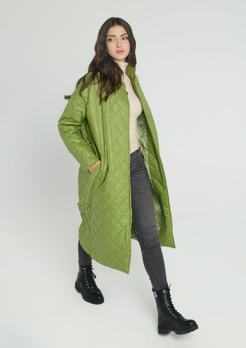 Women's long quilted jacket with belt in bright green