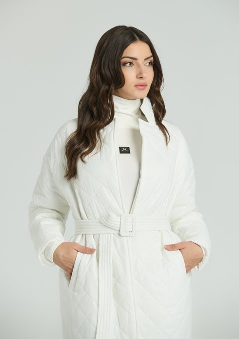 Women's long quilted jacket with belt in white