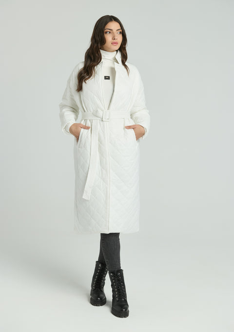 Women's long quilted jacket with belt in white