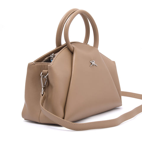 Elegant women's handbag made of genuine leather with a long shoulder strap in soft brown