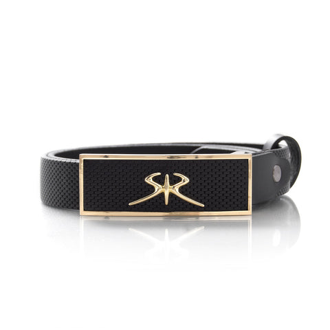 Elegant women's belt made of embossed leather with gold SR logo