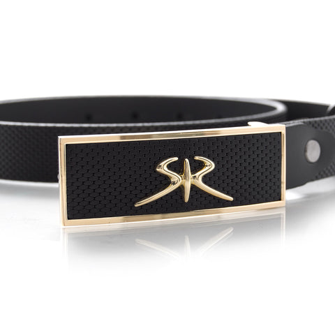 Elegant women's belt made of embossed leather with gold SR logo