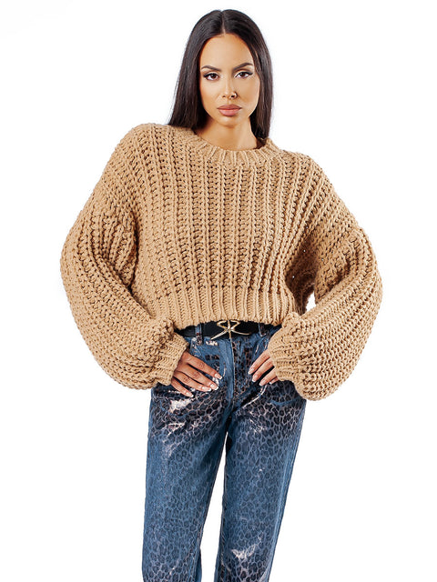 Дамски плетен пуловер цвят камел