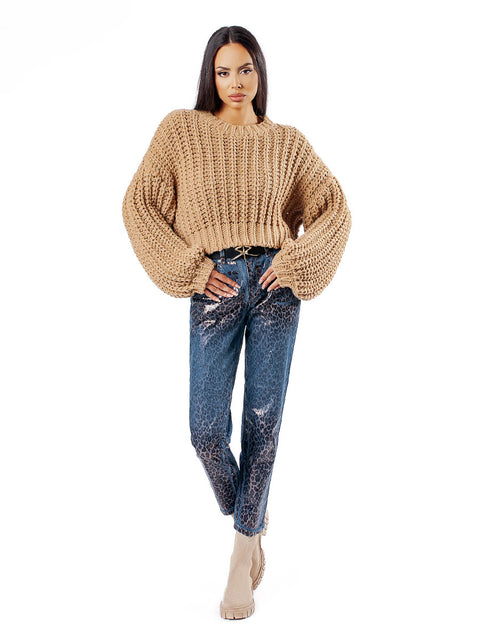 Дамски плетен пуловер цвят камел