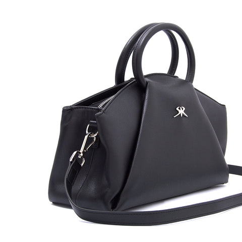 Elegant women's handbag made of genuine leather with a long shoulder strap in classic black