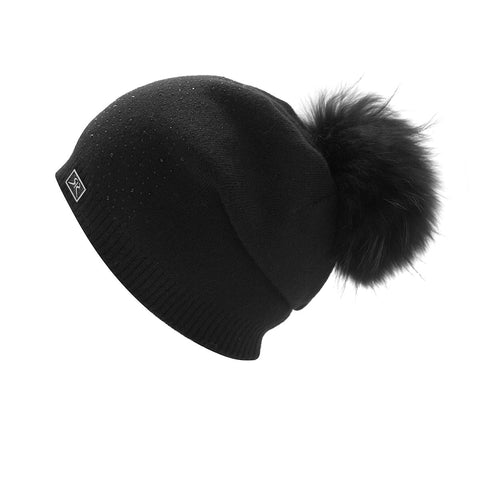 Women's Black Wool-Blend Beanie with Pom-Pom and Rhinestones