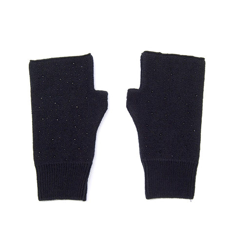 Women's Black Wool-Blend Fingerless Gloves with Rhinestones
