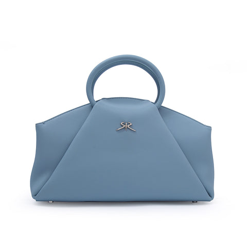 Elegant women's handbag made of genuine leather with a long strap in soft blue