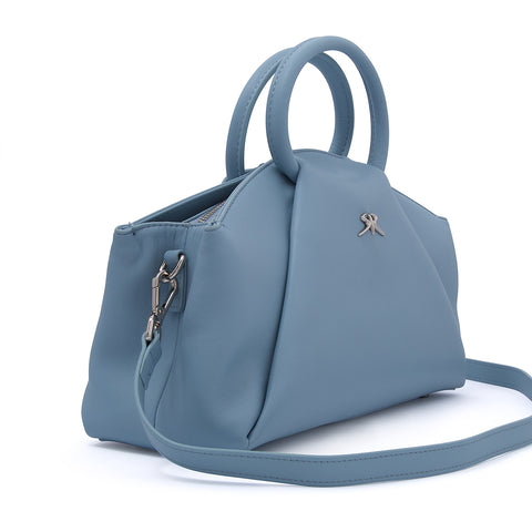 Elegant women's handbag made of genuine leather with a long strap in soft blue
