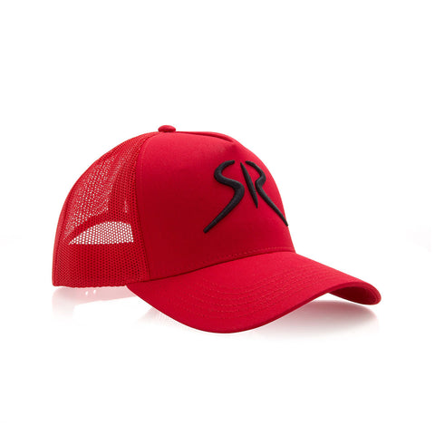 Red baseball cap with black embroidered logo