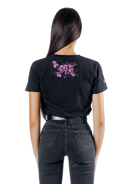 Black t-shirt with embroidery, pink art elements and pearls