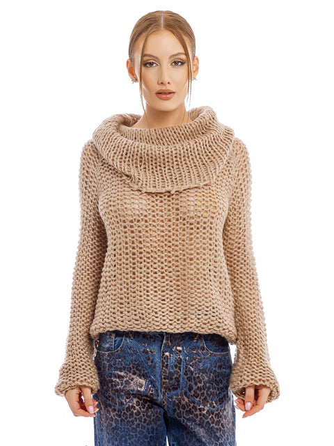 Дамски пуловер от 100% мохер в цвят капучино