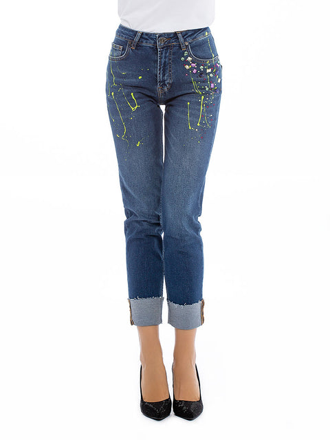 Blue jeans with sewn coloured stones