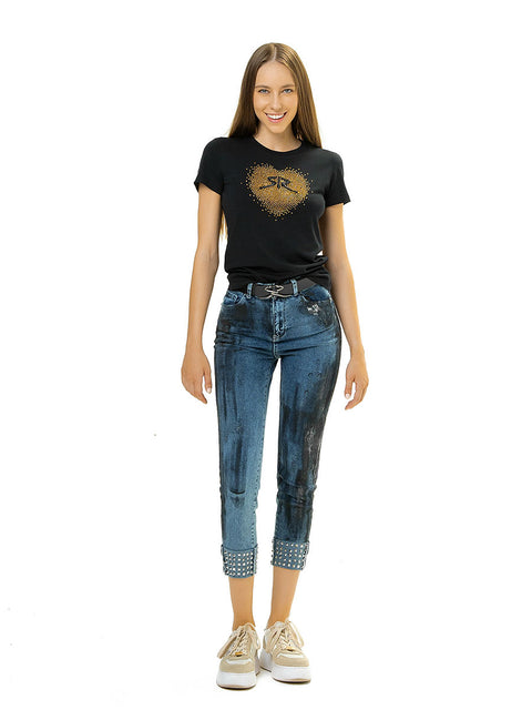 Slim jeans with eyelets and art elements