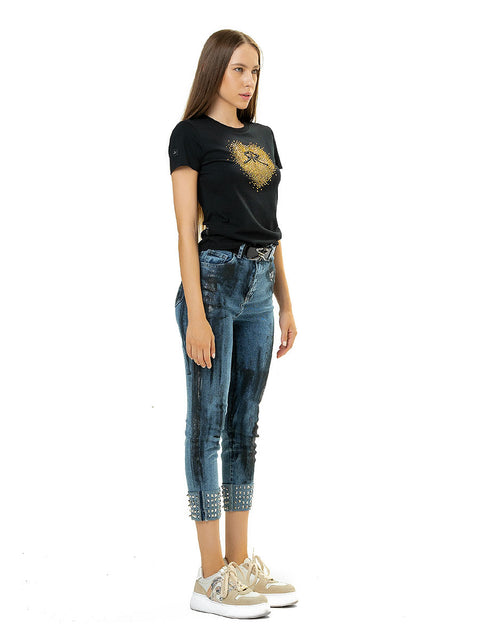 Slim jeans with eyelets and art elements