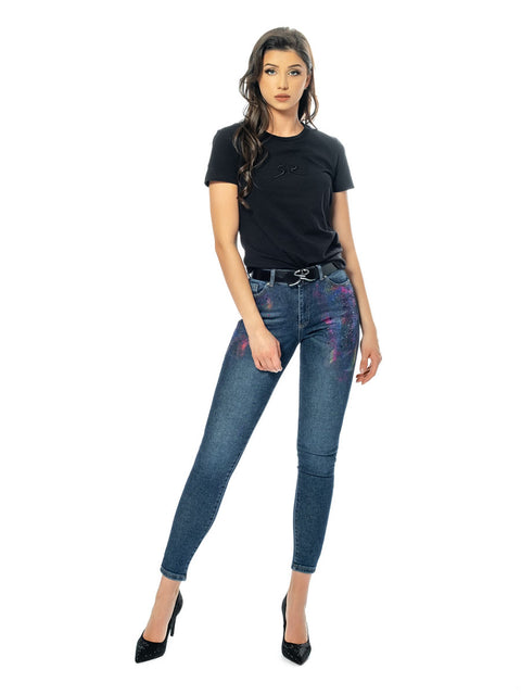 Blue slim fit jeans with colored stones and foil