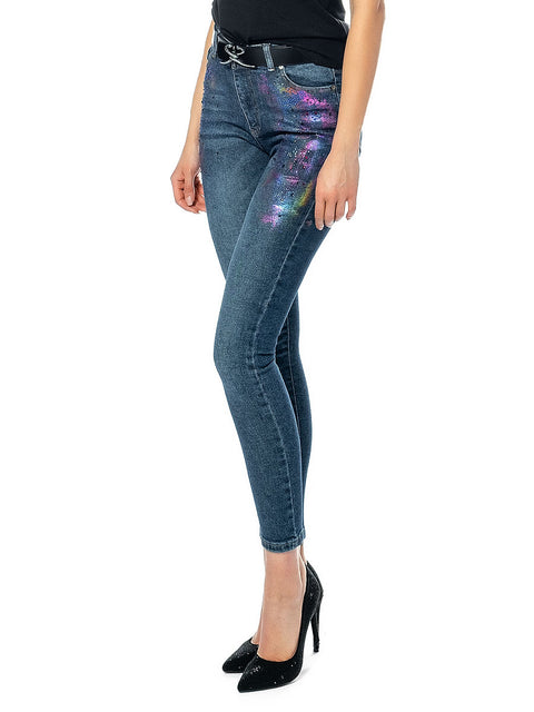 Blue slim fit jeans with colored stones and foil