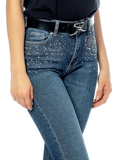 Blue slim fit jeans with fine decoration of stones