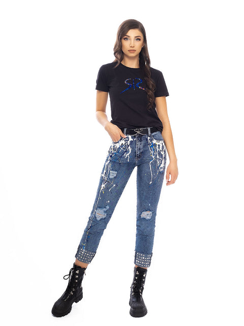 Jeans with art elements and eyelets