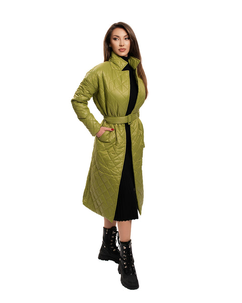 Women's long quilted jacket with belt in bright green