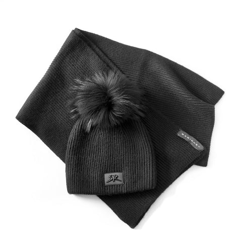 Cashmere scarf and hat set with natural fur pompom in black