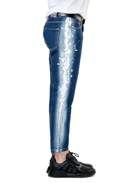 Men's jeans with bleached effect and art splashes