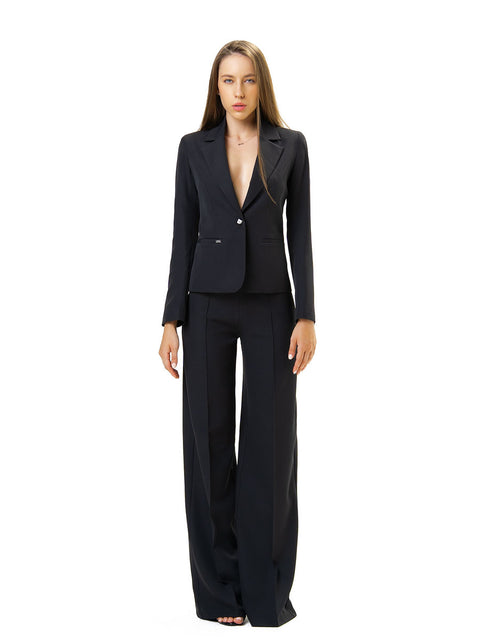 Elegant black wide-leg trousers and blazer suit