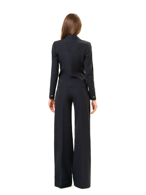 Elegant black wide-leg trousers and blazer suit