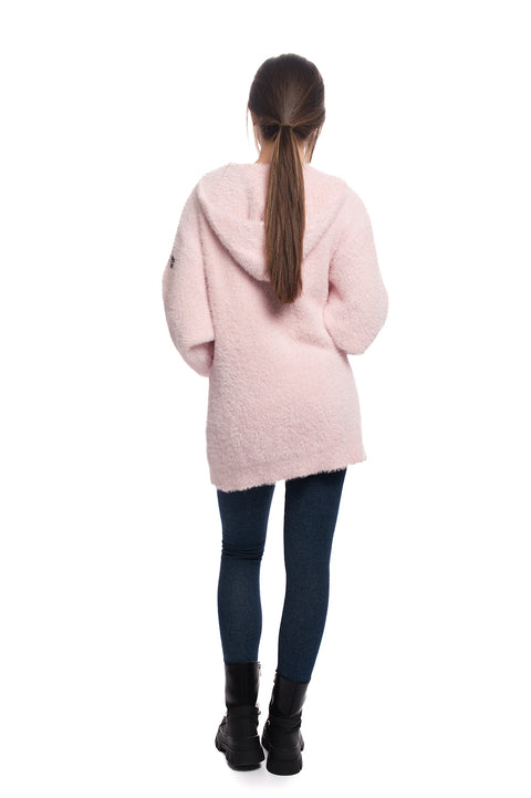 Къса пухкава жилетка с качулка в розово