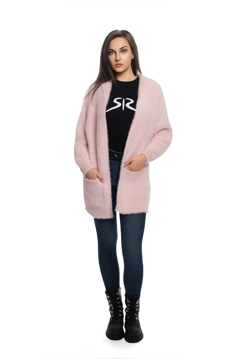 Къса пухкава жилетка с качулка в розово