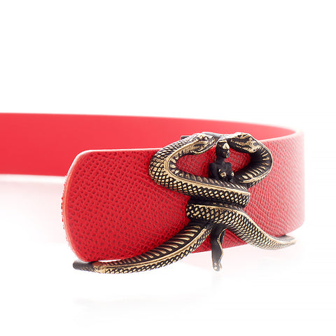 Red women's belt with golden buckle - stylised SR logo