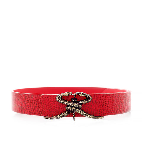 Red women's belt with golden buckle - stylised SR logo