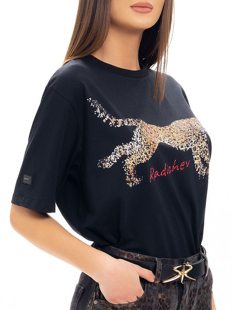 Black t-shirt with Leopard print and RADICHEV lettering